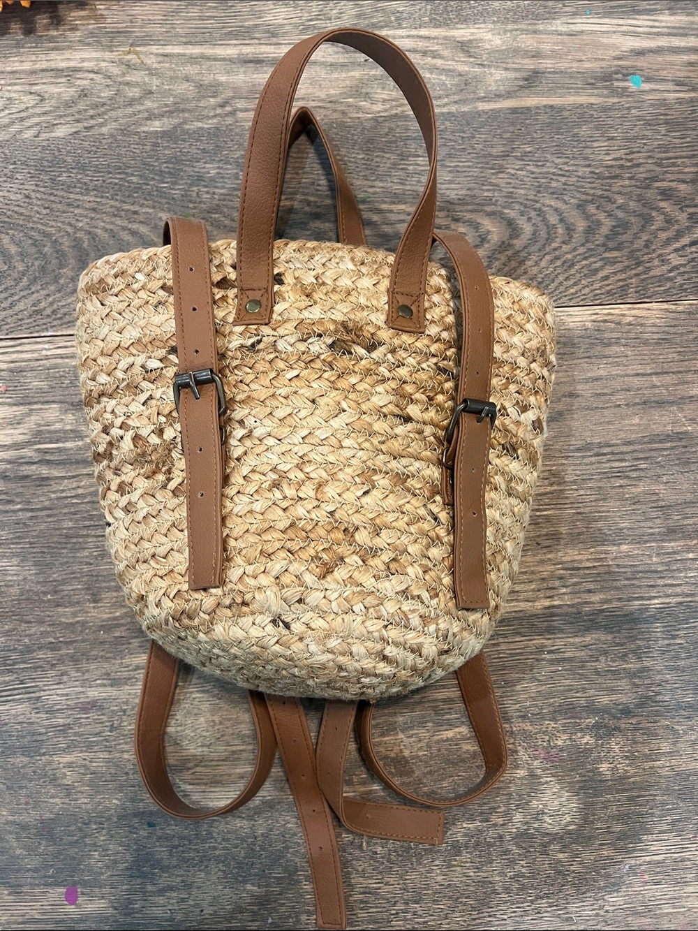 Woven Straw Backpack with Brown Leather Straps Insulated
